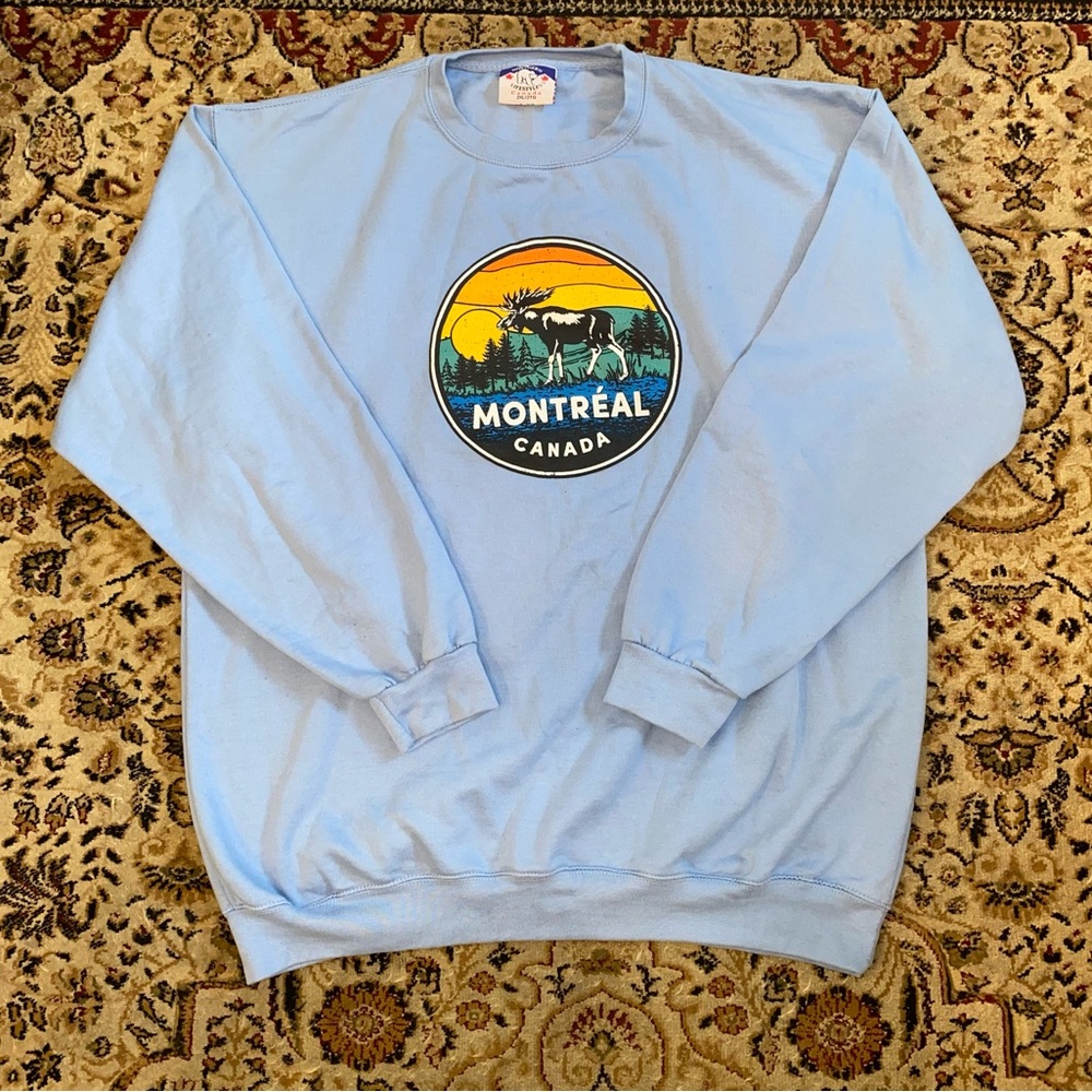 Vintage Montreal Canada Sweatshirt MENS 2XL light blue Pullover Graphic Print